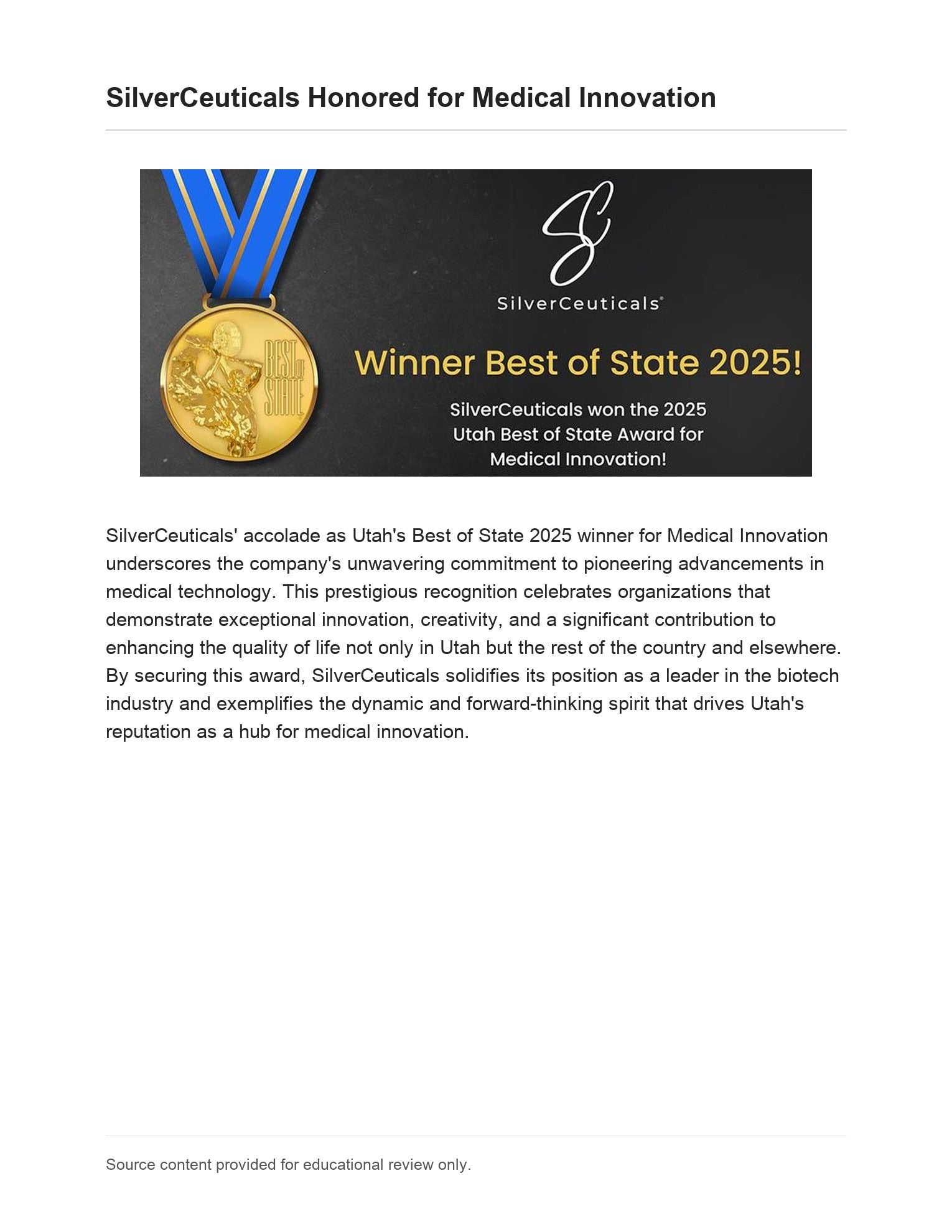 SilverCeuticals Honored for Medical Innovation source page 1